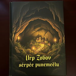 Dark and mysterious book cover depicting a small settlement nestled within a cave, surrounded by various types of vegetation