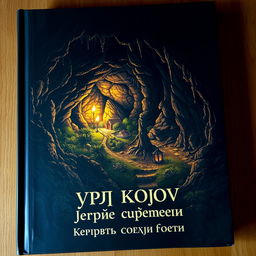 Dark and mysterious book cover depicting a small settlement nestled within a cave, surrounded by various types of vegetation