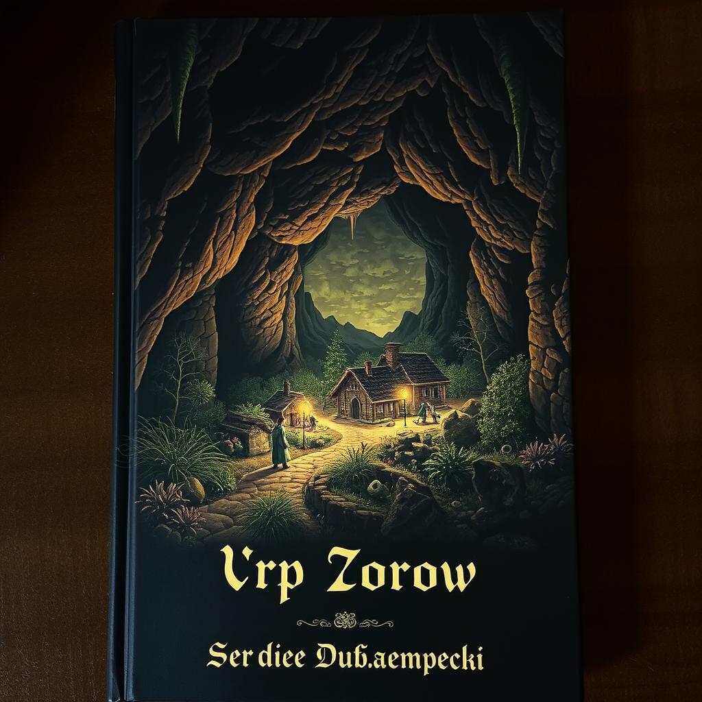 Dark and mysterious book cover depicting a small settlement nestled within a cave, surrounded by various types of vegetation