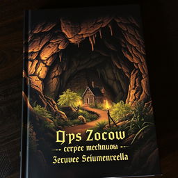 Dark and mysterious book cover depicting a small settlement nestled within a cave, surrounded by various types of vegetation