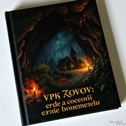 Dark and mysterious book cover depicting a small settlement within a cave, surrounded by various types of vegetation