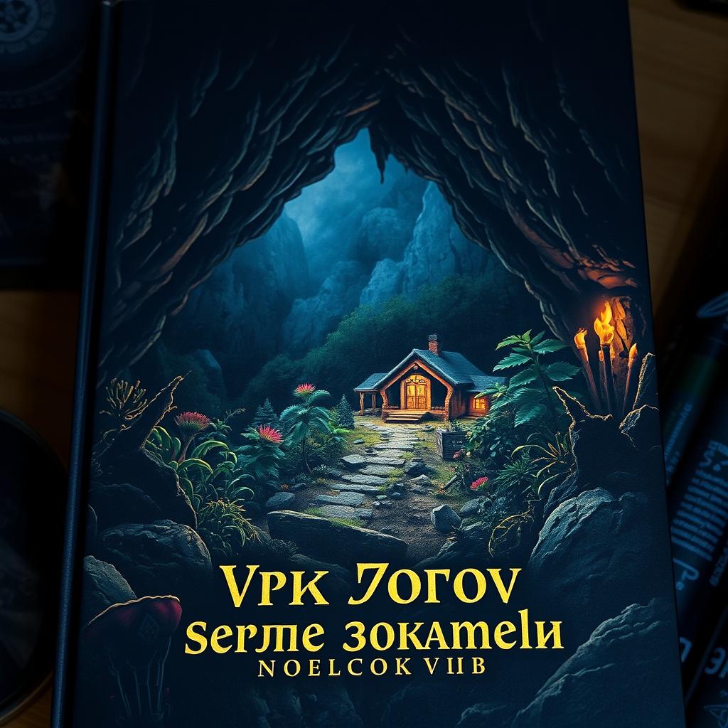 Dark and mysterious book cover depicting a small settlement within a cave, surrounded by various types of vegetation