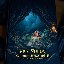 Dark and mysterious book cover depicting a small settlement within a cave, surrounded by various types of vegetation