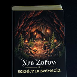 Dark and mysterious book cover depicting a small settlement within a cave, surrounded by various types of vegetation