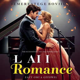 A romantic novel cover featuring two musicians, a man and a woman, in an intimate pose