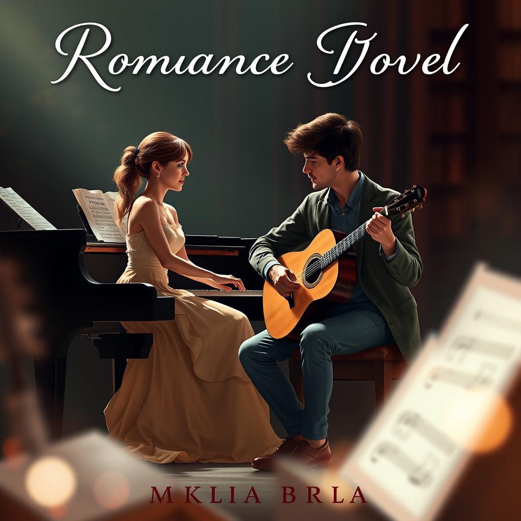 A romantic novel cover featuring two musicians: a female pianist and a male guitarist