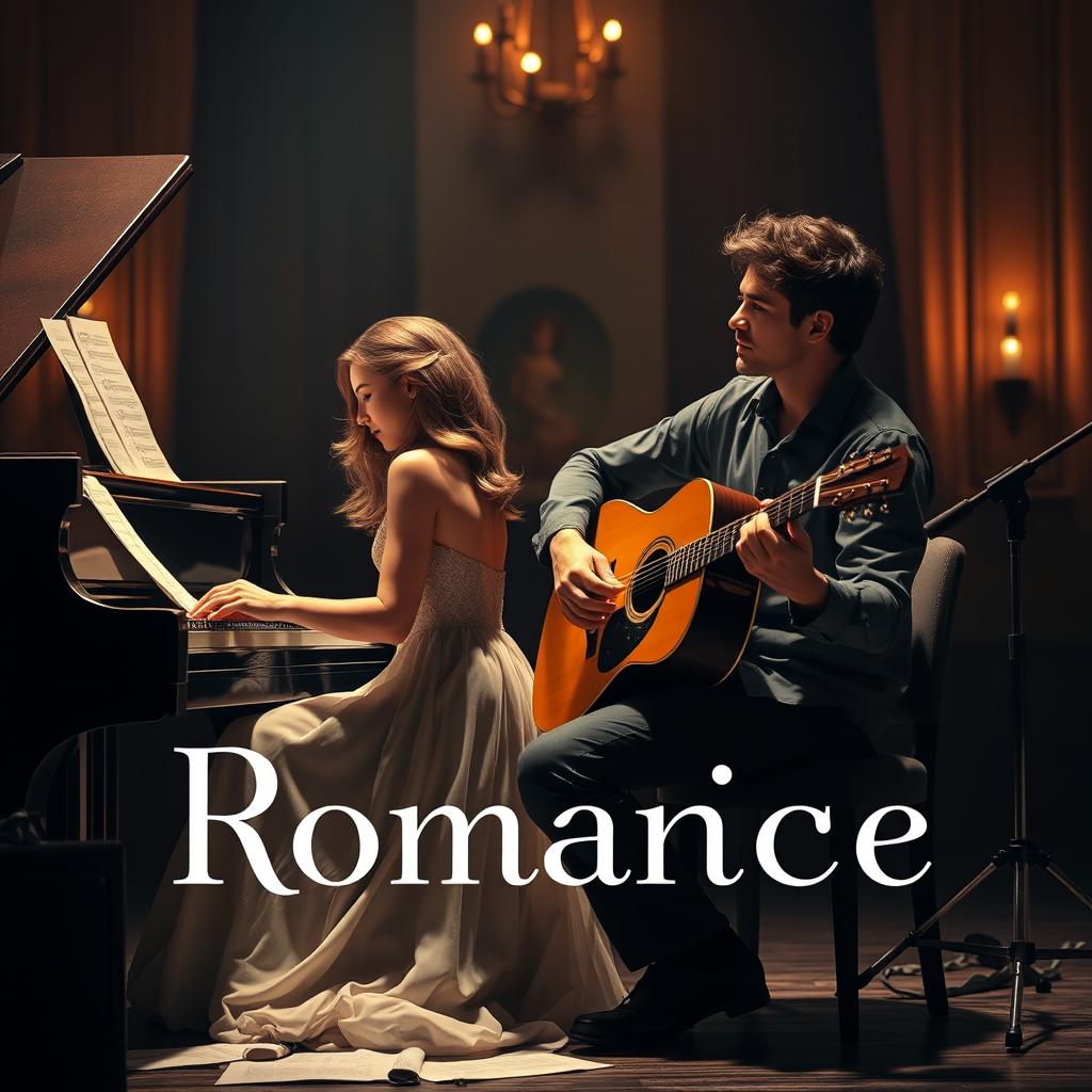 A romantic novel cover featuring two musicians: a female pianist and a male guitarist