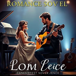 A romantic novel cover featuring two musicians: a female pianist and a male guitarist