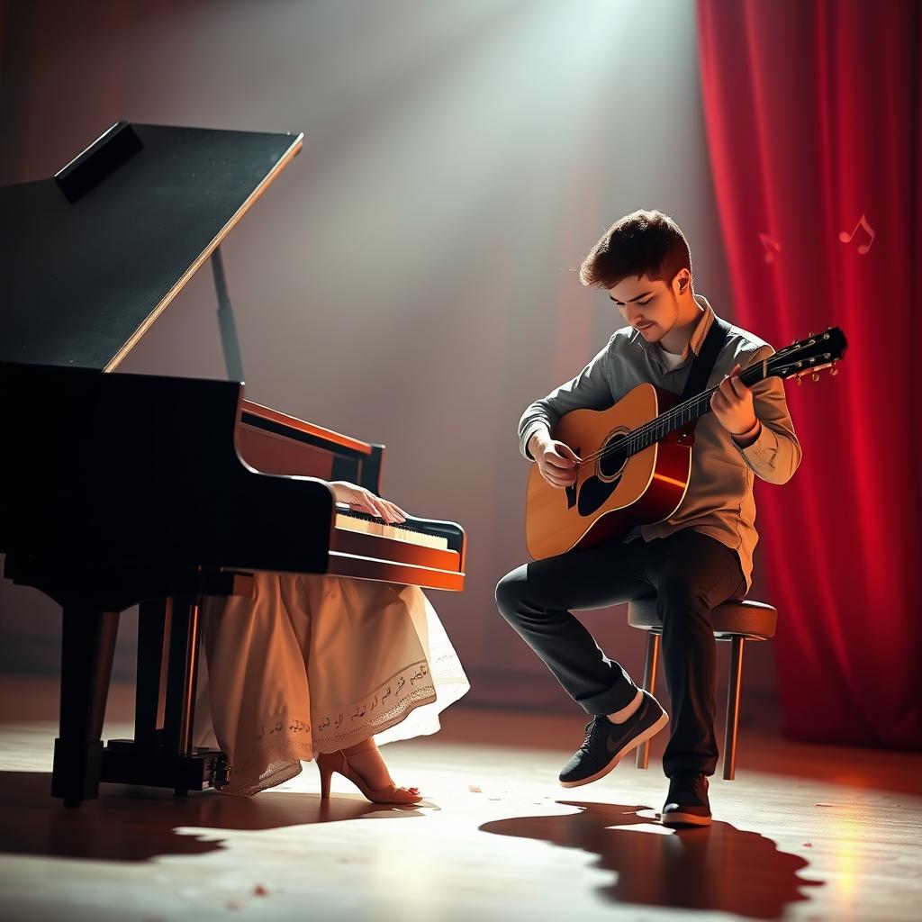 A romantic novel cover without text, featuring two musicians: a young female pianist and a male guitarist