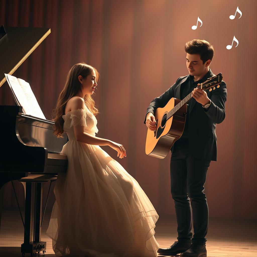 A romantic novel cover without text, featuring two musicians: a young female pianist and a male guitarist