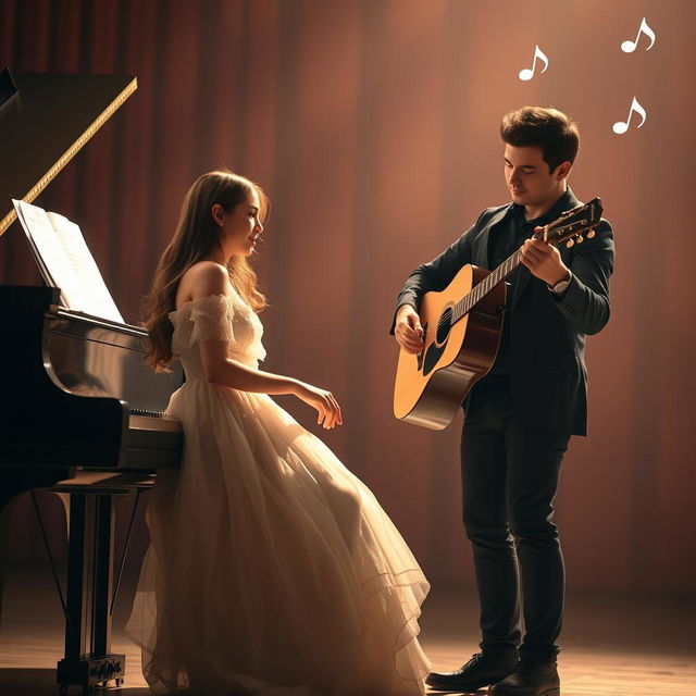 A romantic novel cover without text, featuring two musicians: a young female pianist and a male guitarist