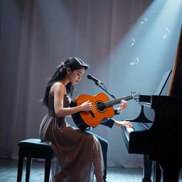 A romantic novel cover without text, featuring two musicians: a young female pianist and a male guitarist