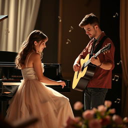 A romantic novel cover without text, featuring two musicians: a young female pianist and a male guitarist