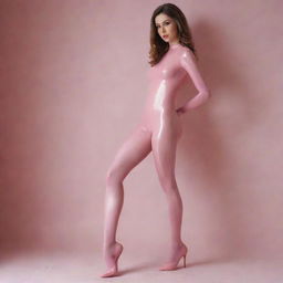 Chic portrayal of a girl in a latex bodysuit paired with pink pantyhose, presenting her bare foot soles in an elegant manner, devoid of shoes.