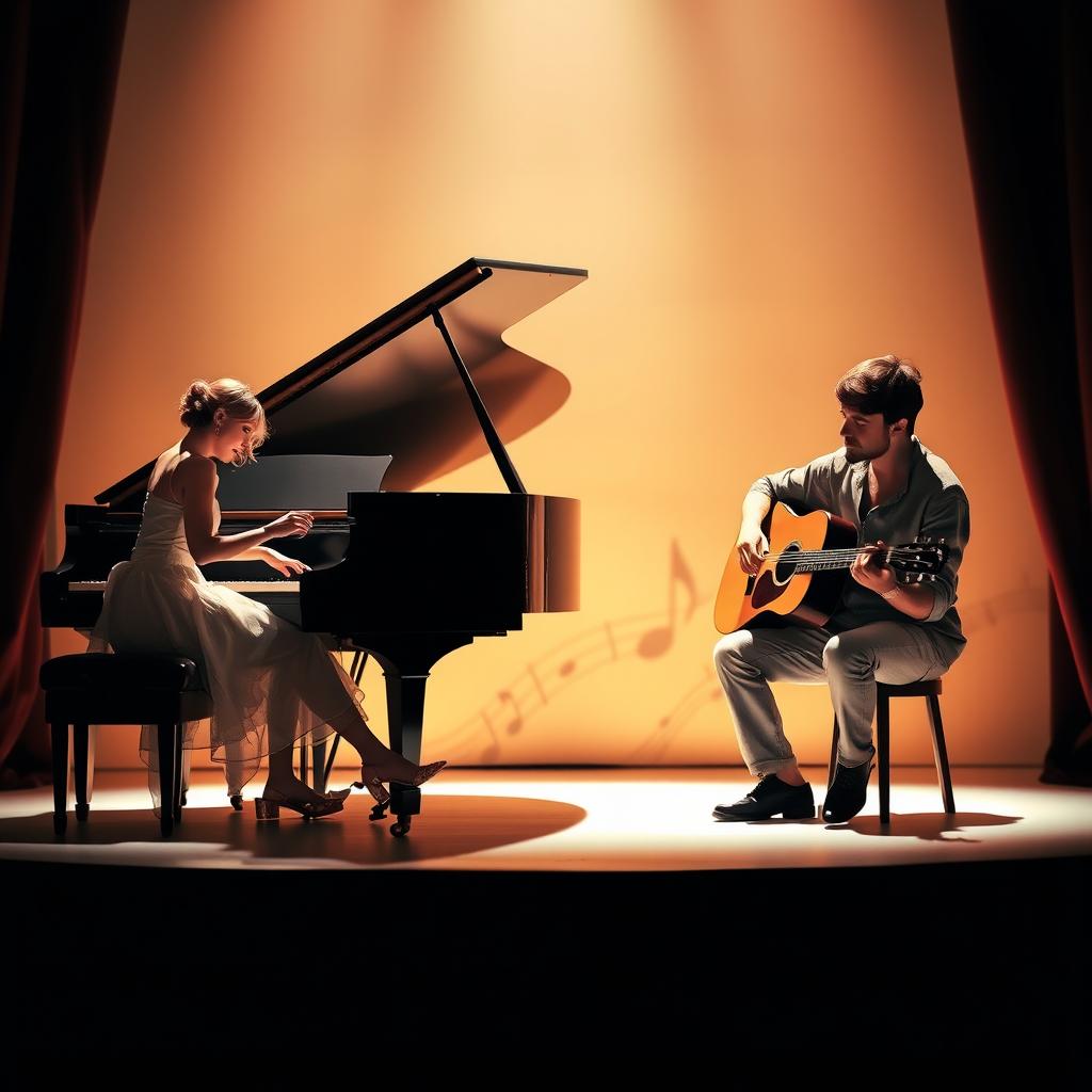 A romantic novel cover without text, featuring two musicians: a female pianist and a male guitarist