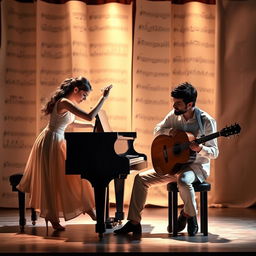 A romantic novel cover without text, featuring two musicians: a female pianist and a male guitarist