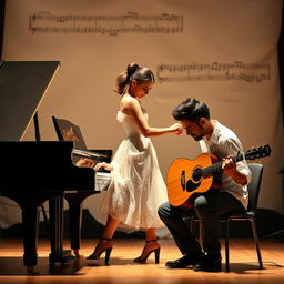 A romantic novel cover without text, featuring two musicians: a female pianist and a male guitarist