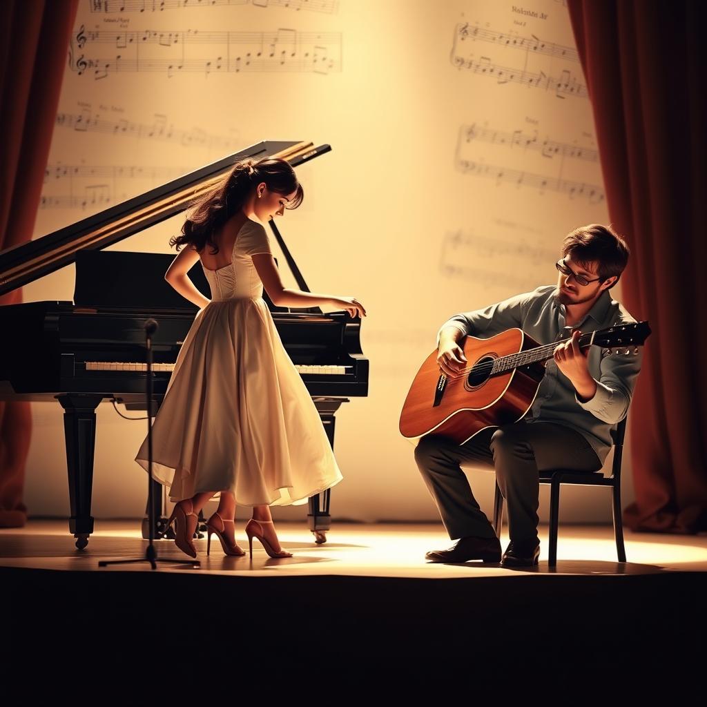 A romantic novel cover without text, featuring two musicians: a female pianist and a male guitarist