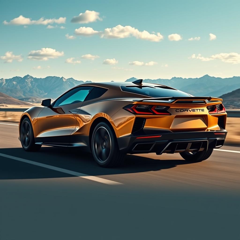 A captivating blend of a Corvette C8 and a Polestar 4, resulting in a stylish 4-door CUV with a striking dark gold finish