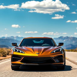 A captivating blend of a Corvette C8 and a Polestar 4, resulting in a stylish 4-door CUV with a striking dark gold finish