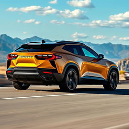 A captivating blend of a Corvette C8 and a Polestar 4, resulting in a stylish 4-door CUV with a striking dark gold finish