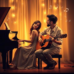 A romantic novel cover without text, showcasing two musicians: a talented female pianist and an expressive male guitarist