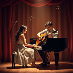 A romantic novel cover without text, showcasing two musicians: a talented female pianist and an expressive male guitarist