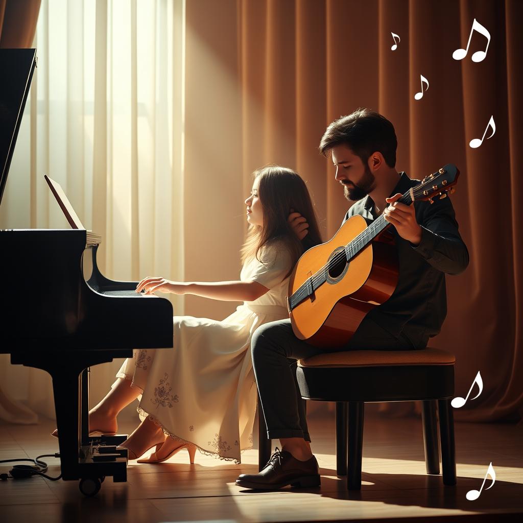 A romantic novel cover without text, showcasing two musicians: a talented female pianist and an expressive male guitarist