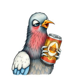 A whimsical and imaginative drawing featuring the face of a pigeon holding a beer can, appearing drunk and shown in a three-quarter profile