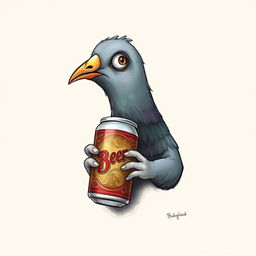 A whimsical and imaginative drawing featuring the face of a pigeon holding a beer can, appearing drunk and shown in a three-quarter profile