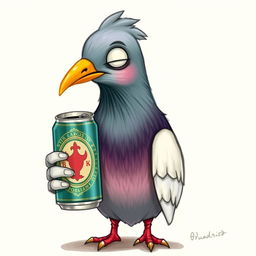 A whimsical and imaginative drawing featuring the face of a pigeon holding a beer can, appearing drunk and shown in a three-quarter profile