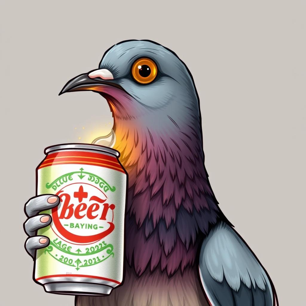 A whimsical and imaginative drawing featuring the face of a pigeon holding a beer can, appearing drunk and shown in a three-quarter profile