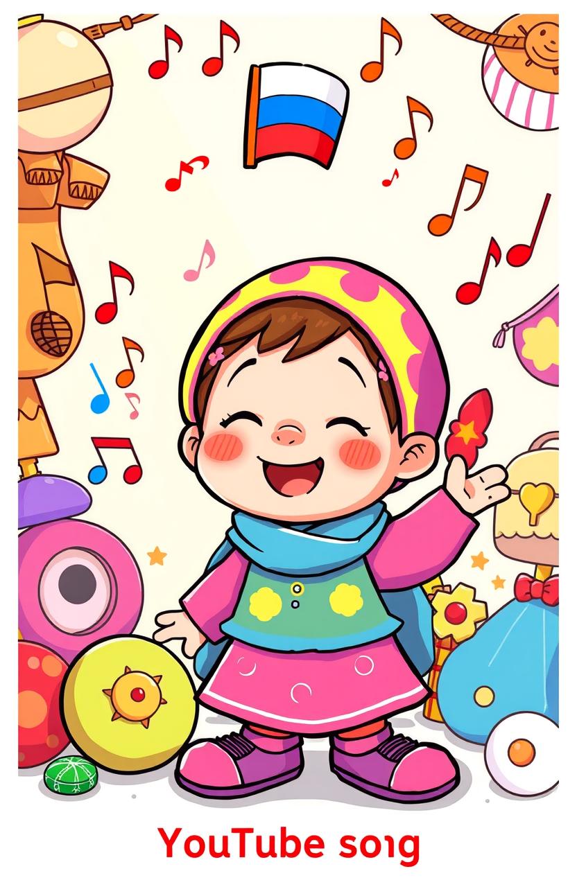 A playful and colorful illustration of a fictional character from a Russian children's song, surrounded by musical notes and cheerful elements