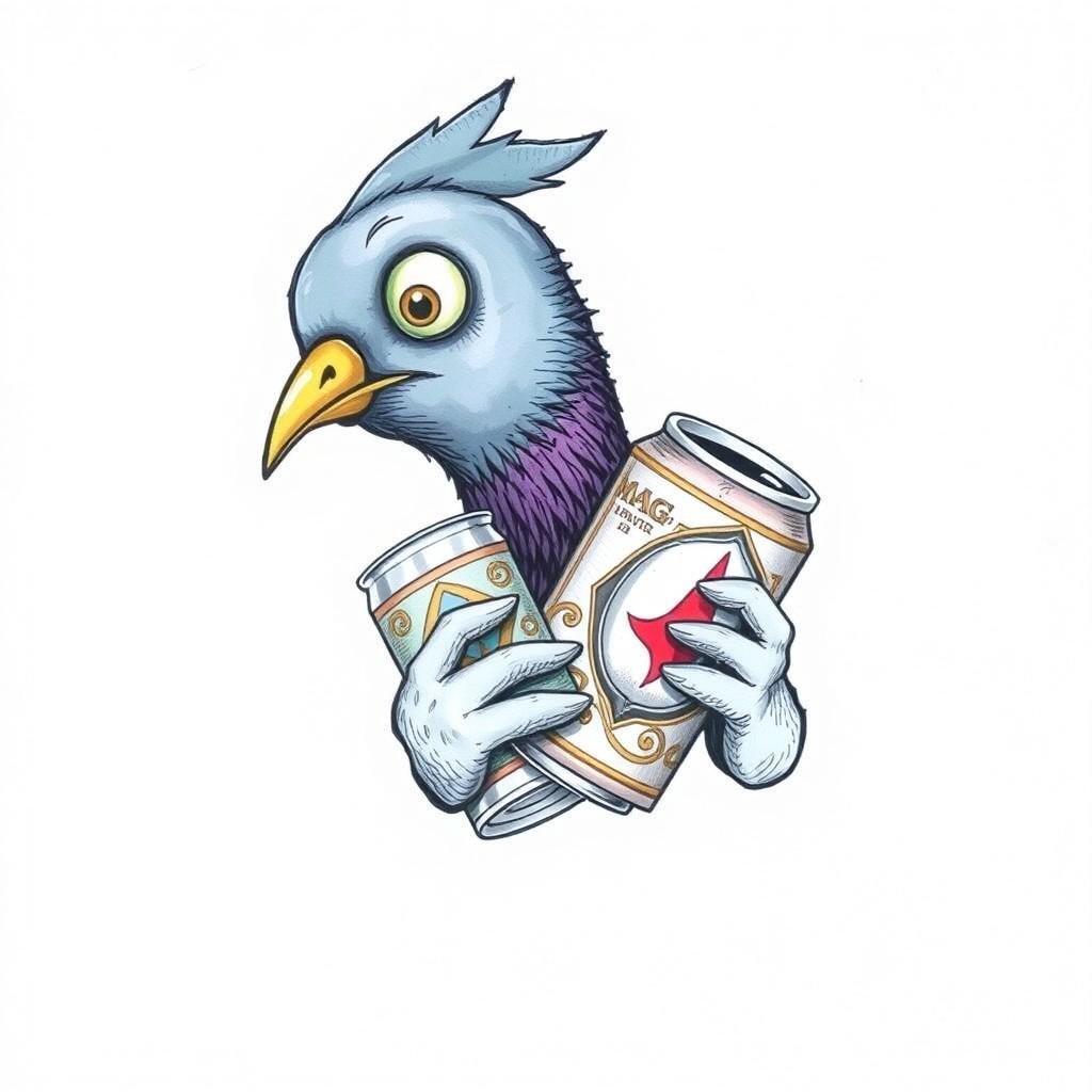 A whimsical and imaginative drawing featuring the face of a pigeon holding a beer can, appearing drunk and shown in a three-quarter profile, with a plain white background