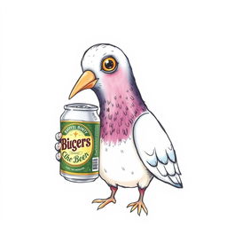 A whimsical and imaginative drawing featuring the face of a pigeon holding a beer can, appearing drunk and shown in a three-quarter profile, with a plain white background