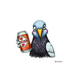 A whimsical and imaginative drawing featuring the face of a pigeon holding a beer can, appearing drunk and shown in a three-quarter profile, with a plain white background