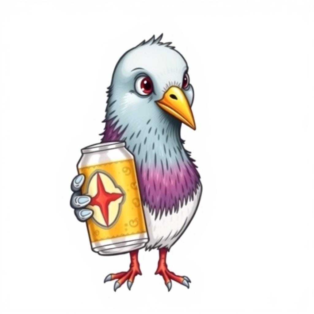 A whimsical and imaginative drawing featuring the face of a pigeon holding a beer can, appearing drunk and shown in a three-quarter profile, with a plain white background