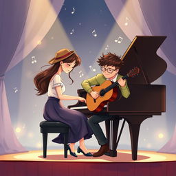 An illustrated romantic novel cover without text, portraying two musicians: a female pianist and a male guitarist