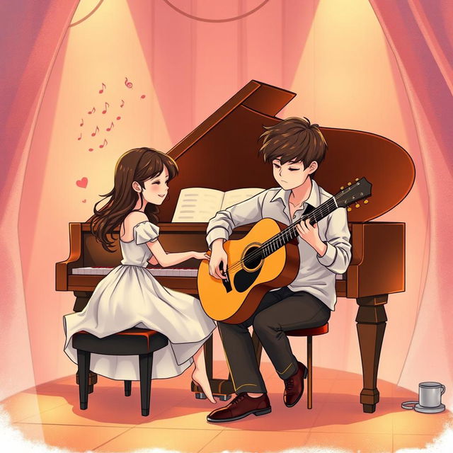 An illustrated romantic novel cover without text, portraying two musicians: a female pianist and a male guitarist