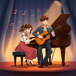 An illustrated romantic novel cover without text, portraying two musicians: a female pianist and a male guitarist