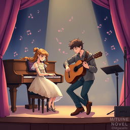 An illustrated romantic novel cover without text, portraying two musicians: a female pianist and a male guitarist