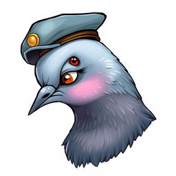 A whimsical illustration of a pigeon's head in profile, wearing a stylish cap tilted to one side