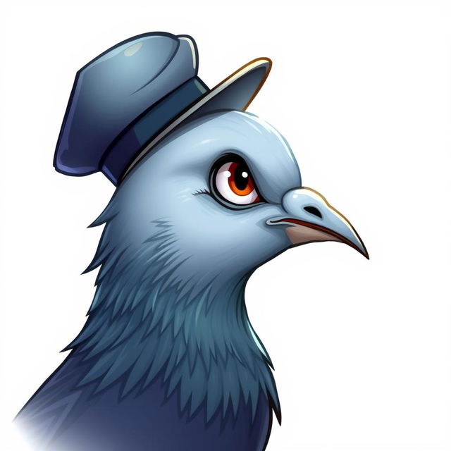 A whimsical illustration of a pigeon's head in profile, wearing a stylish cap tilted to one side