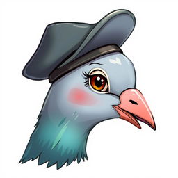 A whimsical illustration of a pigeon's head in profile, wearing a stylish cap tilted to one side