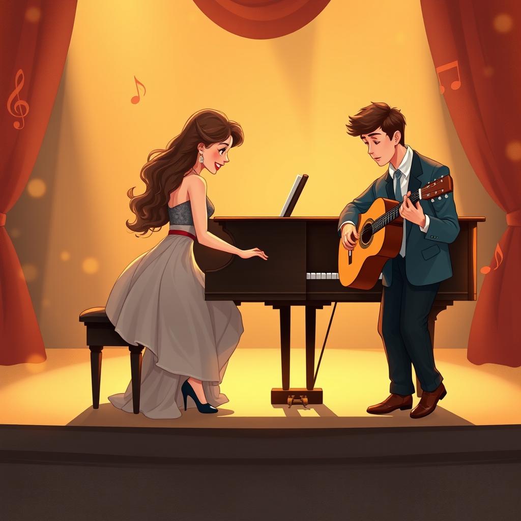 An illustrated romantic novel cover without text, featuring two musicians: a female pianist and a male guitarist