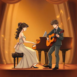 An illustrated romantic novel cover without text, featuring two musicians: a female pianist and a male guitarist