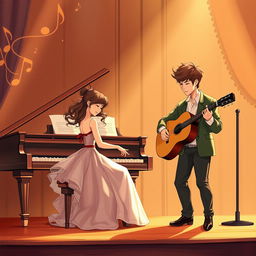 An illustrated romantic novel cover without text, featuring two musicians: a female pianist and a male guitarist