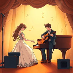 An illustrated romantic novel cover without text, featuring two musicians: a female pianist and a male guitarist