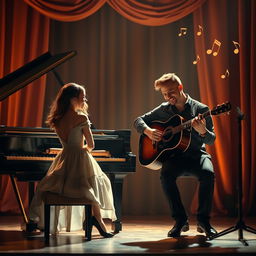 A romantic novel cover without text, highlighting two musicians: a skilled female pianist and a charismatic male guitarist