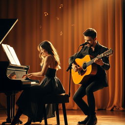 A romantic novel cover without text, highlighting two musicians: a skilled female pianist and a charismatic male guitarist